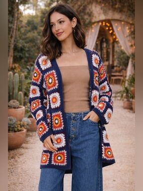 NWT EnCreme Navy Floral Crochet Knit Cardigan carried by Anthropology